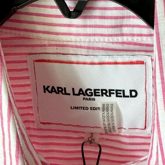 Karl Lagerfeld Paris Top Blouse Collared Shirt Logo XOXO Eiffel Striped Pink S - Picture 10 of 11
